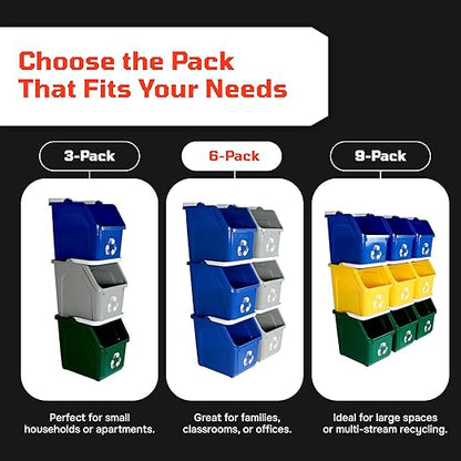 Multi Recycling Bin System with Three Stacking 6 Gallon Bins with Carrying Handles, Stackable and Compact for Offices, Homes, Garages, Businesses - (Green, 6 Pack)