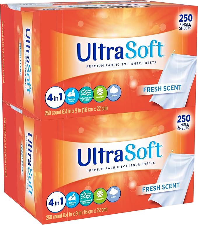 4 in 1 Household Premium Fabric Softener Fresh Scent,250 Single Laundry Dryer Sheets (6.4"x9") Per Dispenser Box,Pack of 12,Made in USA,Drive Clothes Ultra Soft,Reduce Static Cling,Help Repel Pet Hair