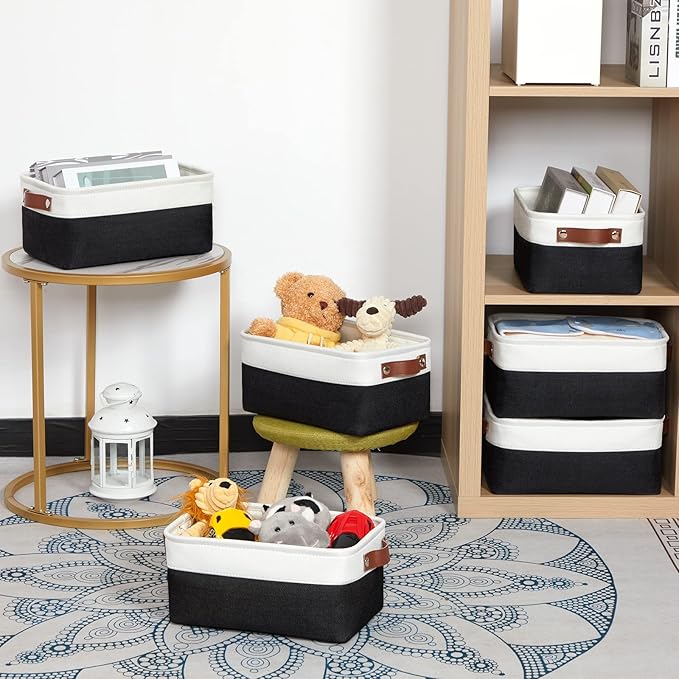 HNZIGE Small Storage Baskets (6 Pack) - Fabric Bins with Leather Handles, Foldable for Organizing (Black&White, 11.8" x 7.8" x 5.1")