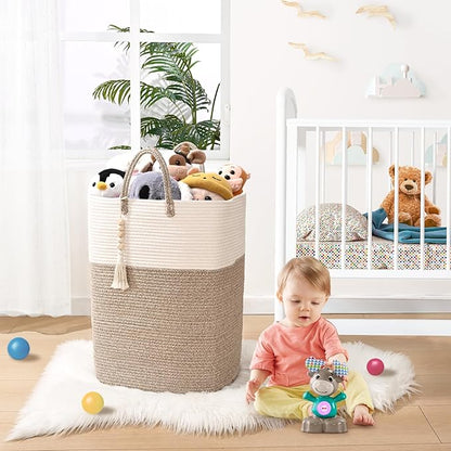 Woven Laundry Basket for Clothes, 80L Large Rectangle Laundry Hampers with Beads Tassel, Nursery Storage Basket for Toys, Tall Dirty Clothes Hamper for Bedroom Aesthetic, Laundry Room Organization