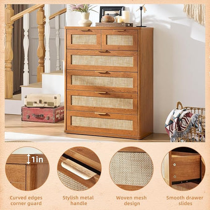 LEYAOYAO Rattan Dresser for Bedroom Set of 2, 42" Tall Chest of Drawers, Modern 6 Drawers Boho Dressers with Storage, Vintage Brown Dresser Wooden Closet Organizer for Living Room, Hallway