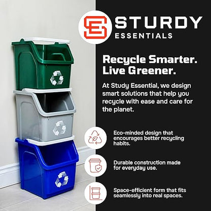 Multi Recycling Bin System with Three Stacking 6 Gallon Bins with Carrying Handles, Stackable and Compact for Offices, Homes, Garages, Businesses - (Green, 6 Pack)