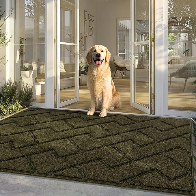 hicorfe Front Door Mat Outside Entrance,36"x59" Absorbent Muddy Dirt Resist Welcome Door Mats Outdoor Indoor,Stain and Fade Resistant,Non Slip Backing Entry Mat Doormat for Entryway(Oliver Green)