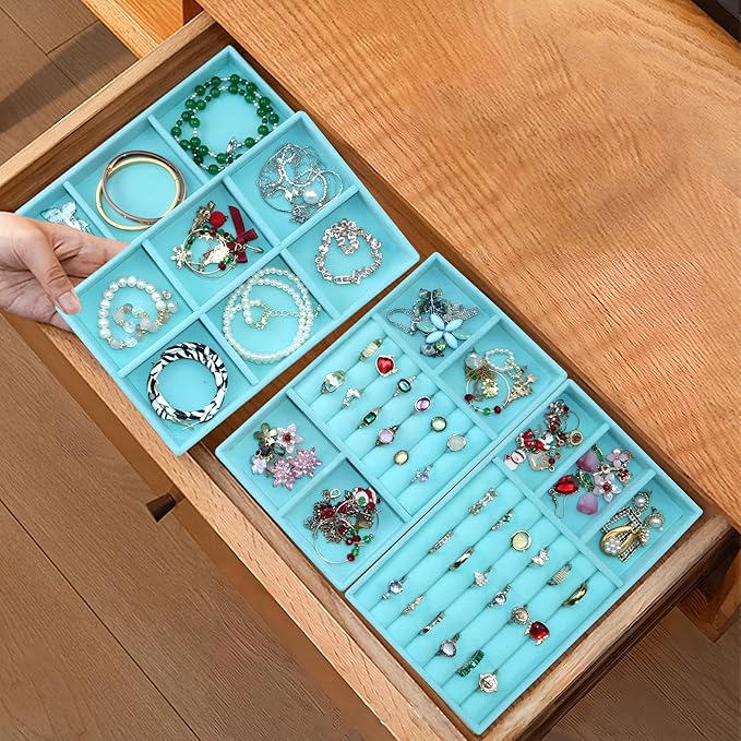 8 Pcs Velvet Jewelry Tray Stackable Jewelry Drawers Organizer Trays Rings Earrings Bracelet Organizer (8.2" x 5" x 1")