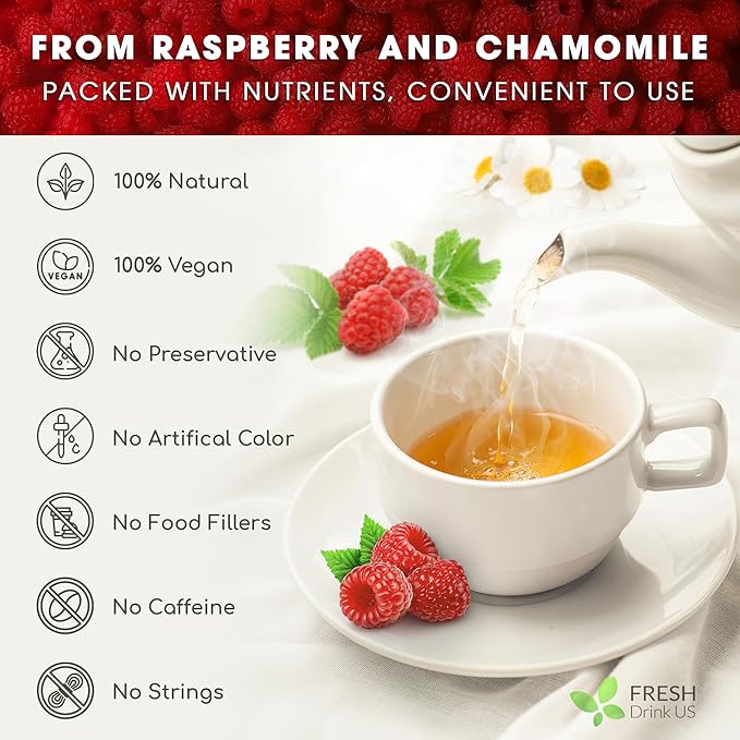 FreshDrinkUS, 75 Bags Premium Raspberry Leaf Teawith Chamomile Flavor, Eases Menstrual Cramps & Supports Healthy Pregnancy, Naturally, Caffeine-Free, Sugar Free, Vegan