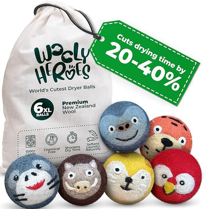 No More Dryer Sheets! Reusable Wool Dryer Balls XL 6-Pack - Reduces Static, Cuts Dry Time, & Softens Naturally