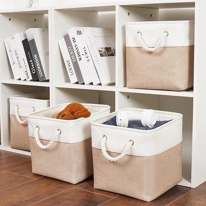 11 x 11 Inch Storage Cubes, 6 Pack Large Collapsible Fabric Storage Bin with Ropes, Foldable Storage Cubes for Home, Office,Closet, Clothes, Toys Organizer (White&Beige)