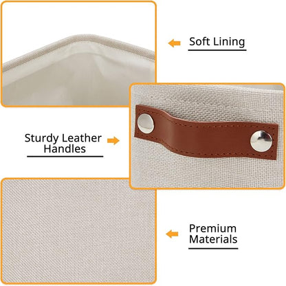 DULLEMELO Small Storage Basket, Toilet Paper Basket Narrow Storage Bin for Bathroom, Bathroom Basket for Organizing with Leather Handles, Canvas Storage Basket for Toilet Magazine Holder(Beige)