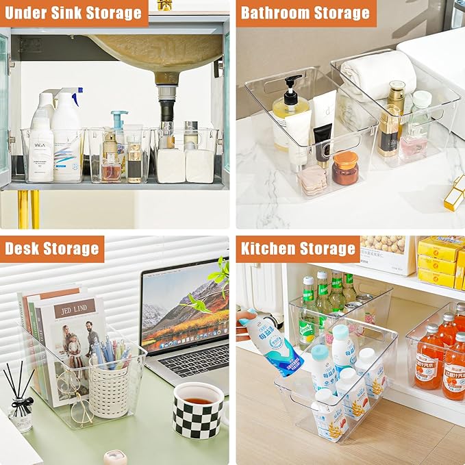 6 Pack Large Clear Plastic Storage Bins,Plastic Containers with Handle for Pantry Organizer and Storage,Perfect for Kitchen,Fridge,Cabinet, Closet,Bathroom Under Sink Storage