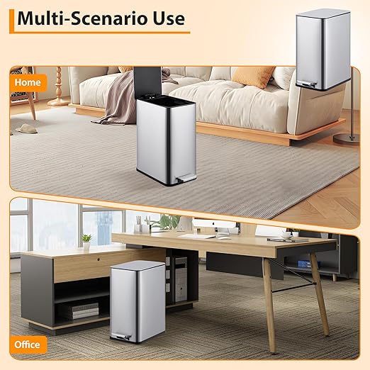 2.6 Gallon Kitchen Trash Can, Stainless Steel Garbage Can with Soft-Close Lid, Step Rubbish Bin with Removable Inner Bucket, Narrow Recycle Bins for Kitchen, Bathroom, Bedroom