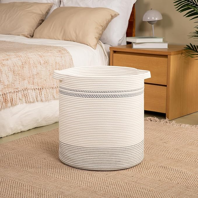 OIAHOMY 80L Laundry Basket, Laundry Hamper, Cotton Rope Storage Basket with Handles, Decorative Woven Basket for Living Room,Storage Baskets for Clothes, Blankets, and Toys -20''×18'', White&Gray