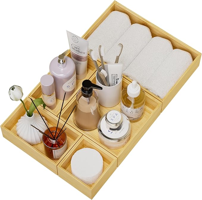 Bamboo Drawer Organizer Set, 5 PCS Multi-use Varied Sizes Junk Drawer Organizer Kitchen Storage Box for Office, Home, Bedroom, Bathroom, Bamboo