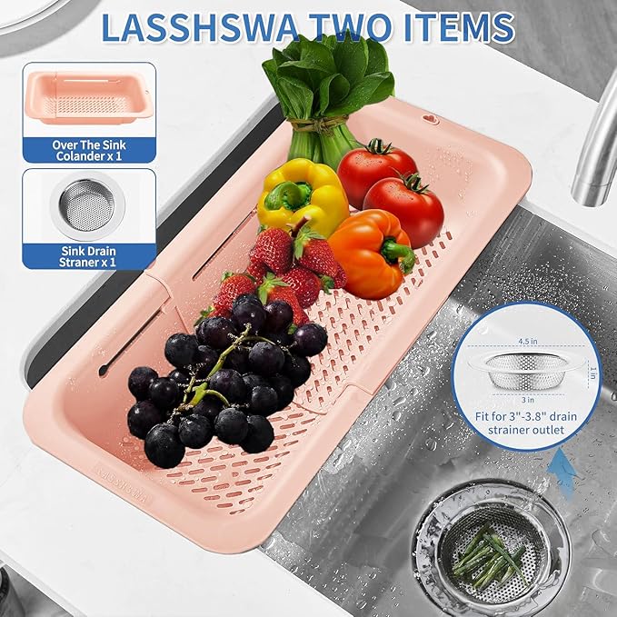 LASSHSWA Collapsible Colander and Strainer for Kitchen, Over the Sink Strainer Basket for Kitchen, Fruit Pasta Food Strainer Expandable Plastic Colander with A Sink Drain Strainer Stainless Steel