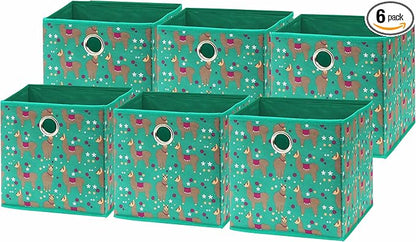 SIMPLE HOUSEWARE 10-Inch Collapsible Fabric Cube Storage Bin with Handles, Printed Design, 6 Pack, Green