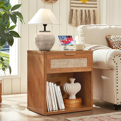 LEYAOYAO Rattan Nightstand with Charging Station, 23" Wide Boho Night Stand with Drawer, Natural Wood Bedside Table Open Storage Cabinet, Bed Side End Tables Dresser for Bedroom, Living Room, Hallway
