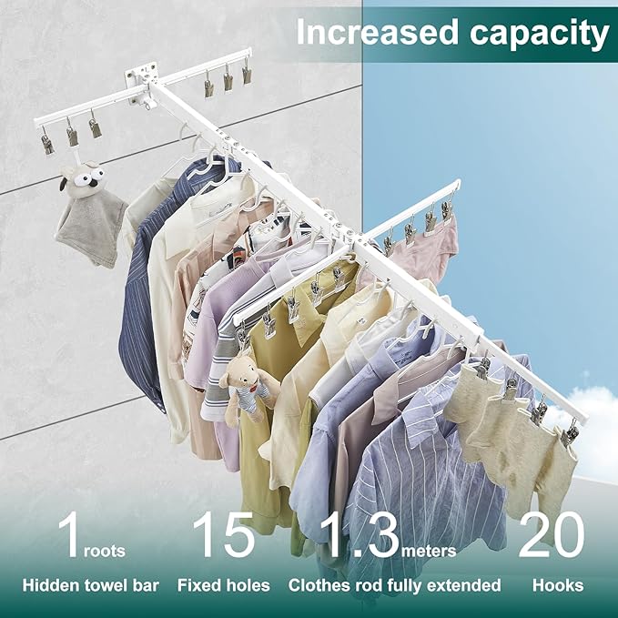 Hoimpro White 51" Clothes Drying Rack Retractable Foldable Wall Mounted, Tri-Fold Space Saving Collapsible for Hanging Clothing Coat, Ideal for Patio, Laundry Room Organization and Storage, Bathroom