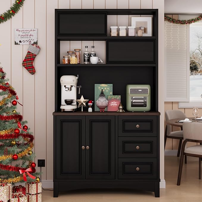 71" Black Pantry Cabinet with Charging Station, 4-Type Storage & Anti-Tip Design, Kitchen Cabinet with Sliding Door/Adjustable Shelves