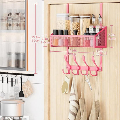 Over The Door Hooks Organizer, Coat Rack Over The Door Storage Hanger Towel Rack, Back of Storage Organizer for Bathroom,Bedroom,Kitchen,Office(Pink 2-Tier)