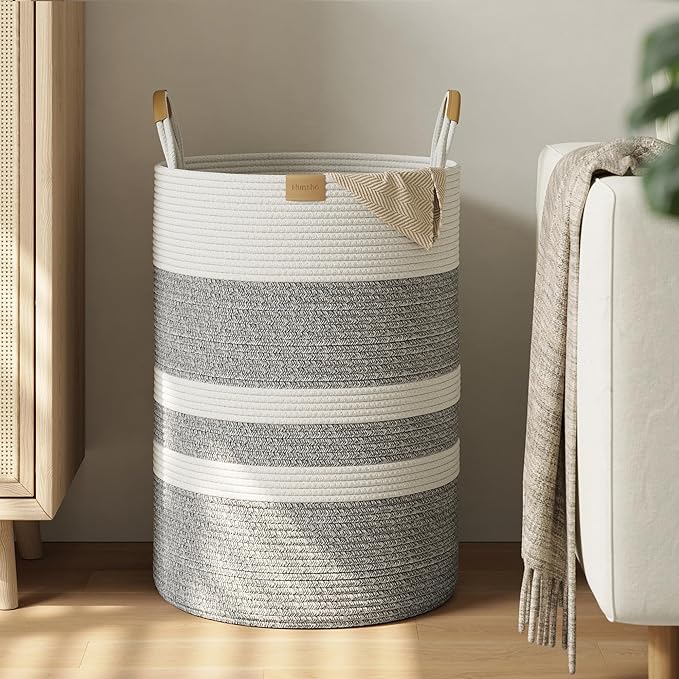 95L Striped Laundry Hamper with Leather Handles ,Large Foldable Laundry Basket for Clothes,Cotton Rope Storage Bin for Blankets,Woven Clothes Basket for Bedroom,Gray Stripes