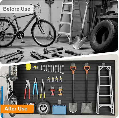DoCred Slatwall Paneling Organizer, 4x7.5 FT PVC Garage Slat Wall Storage Systems, Heavy Duty Mounted Slat Peg Board for Tool Organization Ladder Bike Includes 20 PCS Hooks Accessories Kit (Black)