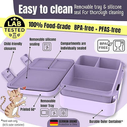 BEARFOOT Kids Lunch Box with Compartments – Compact & Lightweight | Leak-Proof, BPA-Free, Dishwasher & Microwave Safe | Hand-Drawn Design for Preschool, School, Travel (Sticker Purple, 4 Cups)