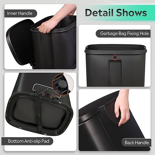WLIVE 13 Gallon Stainless Steel Trash Can with Inner Bucket, Kitchen Garbage Can with Lid, 50L Soft Close Step Trash Can with Metal Foot for Home, Kitchen, Laundry Room, Office, Black