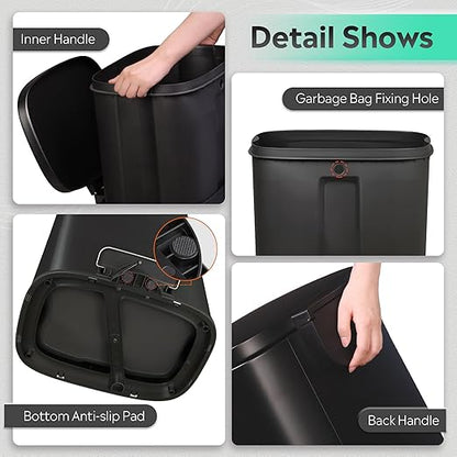 WLIVE 13 Gallon Stainless Steel Trash Can with Inner Bucket, Kitchen Garbage Can with Lid, 50L Soft Close Step Trash Can with Metal Foot for Home, Kitchen, Laundry Room, Office, Black