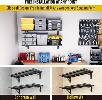2pack-1.2x3ft Adjustable Rail Type Folding Storage Rack Shelf, Suitable for Garage, Storage Room, Kitchens Wall Shelf Garage Storage Rack Floating Shelves, Folding Panels (2pcs-Black)