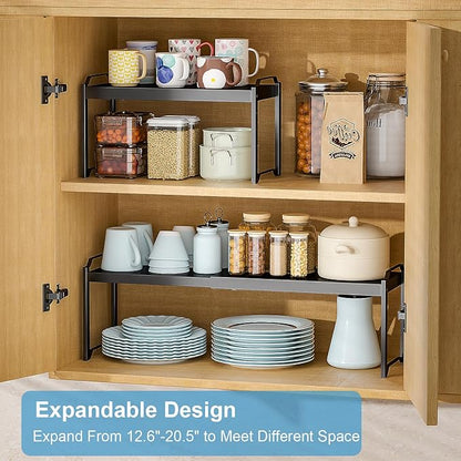 2 Pack Expandable Cabinet Countertop Shelves, Stackable Shelves Organizers For Kitchen Cabinet Countertop Storage, Adjustable Counter Cupboard Pantry Organizer Shelf Rack Stand, Length:20.5"
