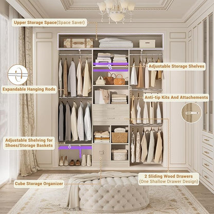 5FT Small Closet System, Baby Closet Organizer System with Wooden Drawers, 60 Inches Walk in Closet System with 5 Hanging Rods and 3 Reversible Hanging Shelving, Greige Oak