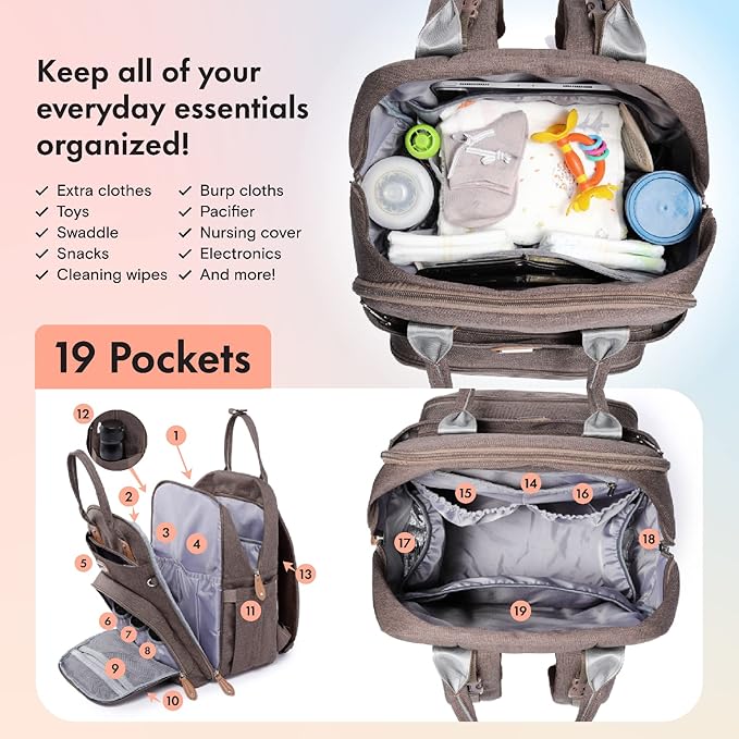 Dikaslon Diaper Bag Backpack with Portable Changing Pad, Pacifier Case and Stroller Straps, Large Unisex Baby Bags for Boys Girls, Multipurpose Travel Back Pack Moms Dads, Brown