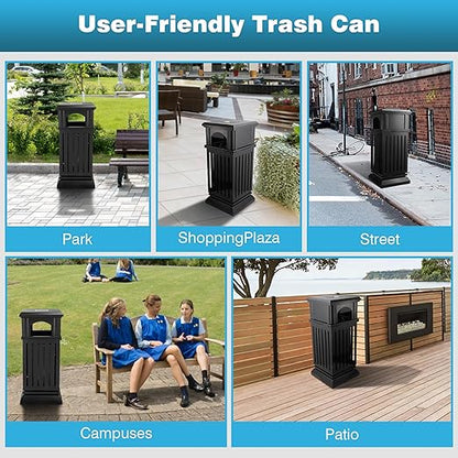 IRONWALLS Commercial Trash Can with Lid, Black Outdoor Garbage Can for Patio, Side Opening Steel Square Commercial Waste Bin, Decorative Trash Container with Removable Inner Bucket for Park, Garden