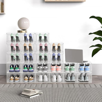 Mitees 10 Pack XX Large Thicken Sturdy Hard Plastic Clear Stackable Shoe Storage Boxes for Size 12, Sneaker Shoe Rack Containers Holders Bins Display Case Organizer for Closet, White