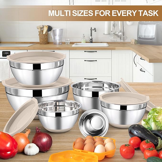 LIANYU Stainless Steel Mixing Bowls Set with Airtight Lids, 6 Piece Nesting Metal Bowls for Kitchen Baking Cooking Serving Food Storage, Size 7, 3.5, 2.5, 2, 1.5, 1QT, Non-slip Bottom, Khaki