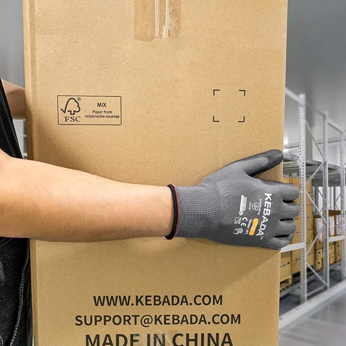 Kebada W1 Work Gloves for Men and Women, PU Coated Safety Gloves with Grip, Touchscreen, Ideal for Warehouse Package Handling, Construction, Gardening, 12 Pairs, Gray X-Small