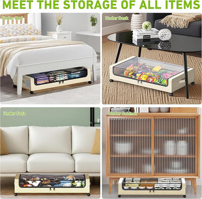 Under Bed Storage with Wheels, Under the Bed Storage Containers with Clear Lids & Label, Underbed Storage Bins, XXL 60L Rolling Metal Drawer for Clothes, Shoes, Toys, Books (Beige)