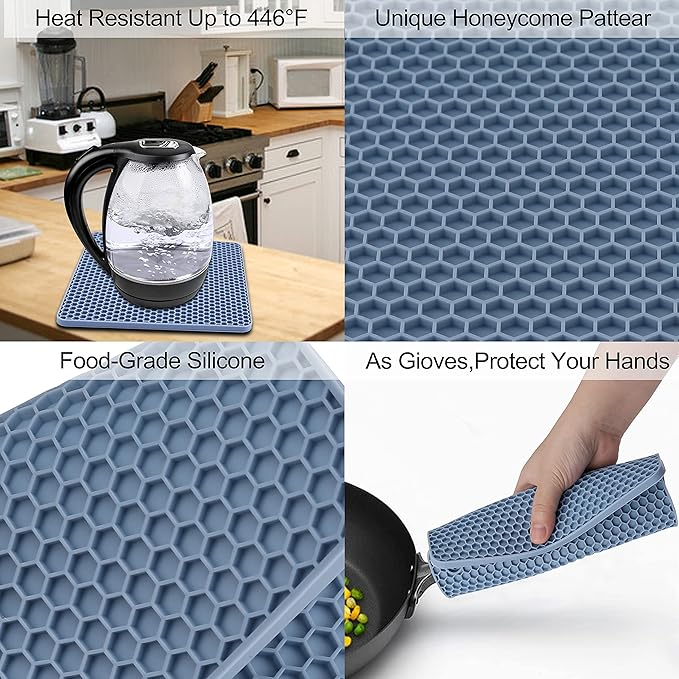 4 Pack Silicone Trivet Mat, Silicone Trivets for Hot Pots and Pans, Non-Slip & Heat Resistant Silicone Hot Pad for Kitchen Counter Mat Set, Soft Drying Mat, Jar Opener and Coasters, Square, Blue