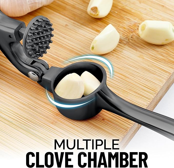 Zulay Kitchen Premium Garlic Press Set - Rust Proof & Dishwasher Safe Professional Garlic Mincer Tool - Easy-Squeeze, Easy-Clean with Soft, Ergonomic Handle - Silicone Garlic Peeler & Brush-Dark Gray