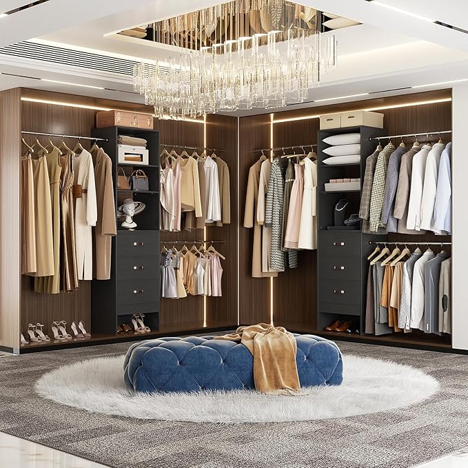 96'' Closet Organizer System with 3 Hanging Rods (Without 3 Storage Shelves), 8FT Closet Systems, Wall Mount Bedroom Wardrobe with 3 Wood Drawers, Adjustable Garment Rack from 5 to 8FT, Black