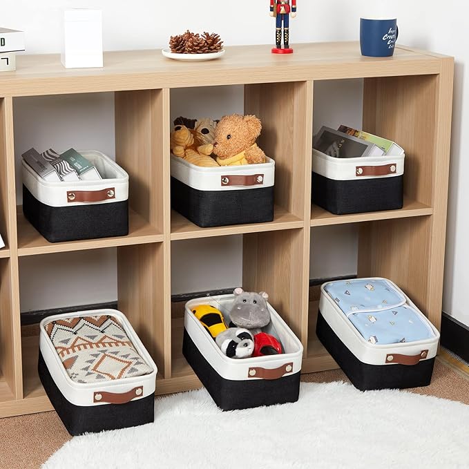 HNZIGE Small Storage Baskets (6 Pack) - Fabric Bins with Leather Handles, Foldable for Organizing (Black&White, 11.8" x 7.8" x 5.1")