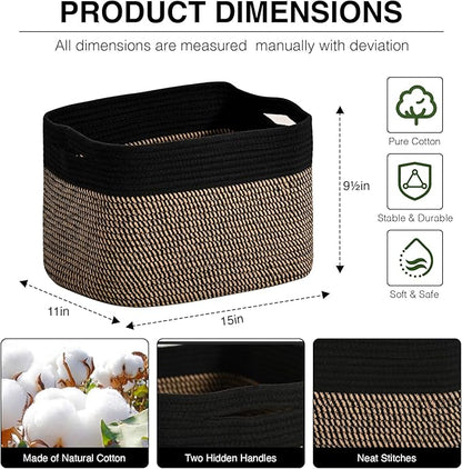 Woven Cotton Rope Storage Basket for Organizing, Cute Decorative Baskets for Gifts Empty, Organizer Bins for Dog Toy, Baby Laundry, 15“×11”×9.5“, Jute & Black