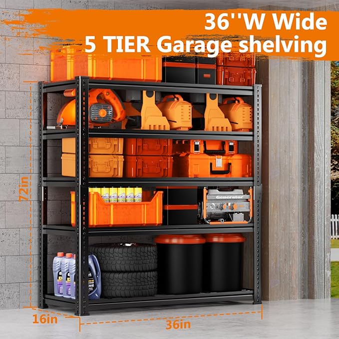 Storage Shelves Heavy Duty, 4 PCS 36"L x 16"W x 72"H Garage Wire Shelving Unit Loads 2400LBS, 5-tier Adjustable Metal Industrial Utility Shelf Rack for Kitchen, Laundry, Pantry, Warehouse, Basement