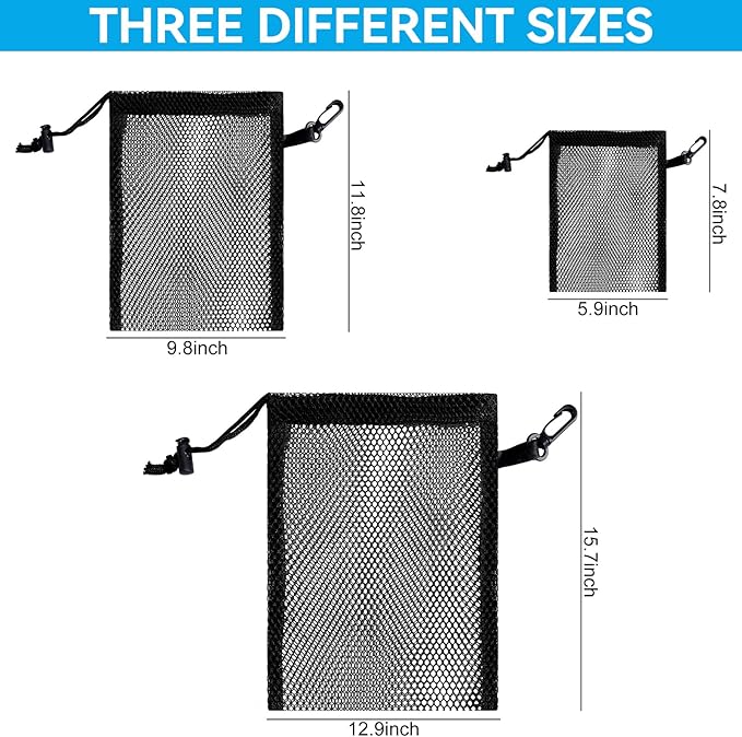 iMucci 12 Pieces Black Mesh Drawstring Bag with Clips, Nylon Drawstring Bags Pocket Foldable Beach Bag with Cord Lock for Swimming Collecting Toys Laundry Sports Gym Beach Travel