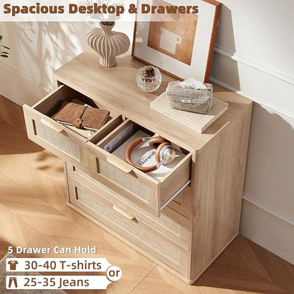 LEYAOYAO Rattan Dresser for Bedroom Set of 2, 33.5" Tall Chest of Drawers, Modern 5 Drawers Boho Dressers with Storage, Light Oak Dresser Wooden Closet Organizer for Living Room, Hallway, Natural Wood