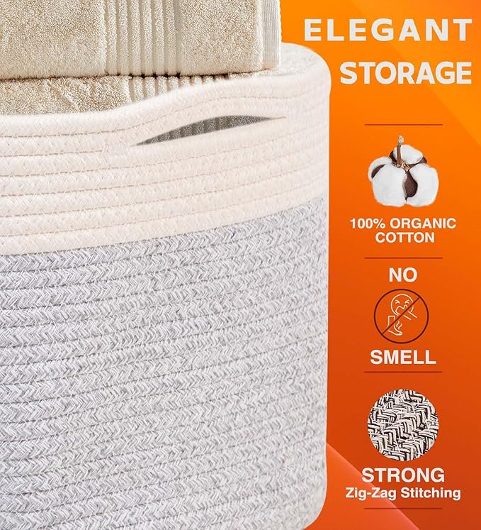 CHAT BLANC Cotton Rope Baskets for Organizing | Storage Baskets for Shelves | Rope Basket for Storage, Small Laundry Baskets, Woven Baskets for Storage, Dog Toy Bin, Baby Basket,Off White &Gray 3 Pack
