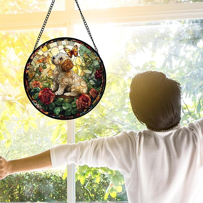 Stained Glass Window Hanging, Cute Dog and Flowers Suncatcher for Doors Home Butterfly Sun Catchers Decoration and Christmas, Mother's Day Birthday Gifts for Women, Men, and Mom 11.8x11.8 in