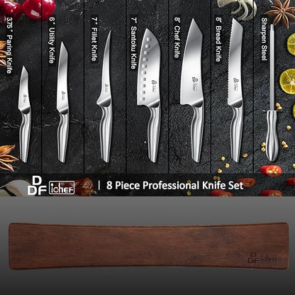DDF iohEF Knife Set with Knife Strip, 8 Piece Professional Kitchen Knife Set, Japanese High Carbon Stainless Steel Chef Knives Set with Magnetic Knife Holder for Wall