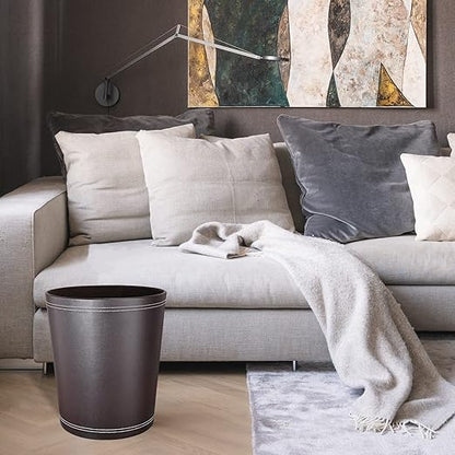 Pu Leather Trash Can for Bedroom, 2.6 Gallon Wastebasket for Office, Small Bathroom Garbage Cans for Home Decorative, Round Waste Basket Bin for Dorm Kitchen Brown