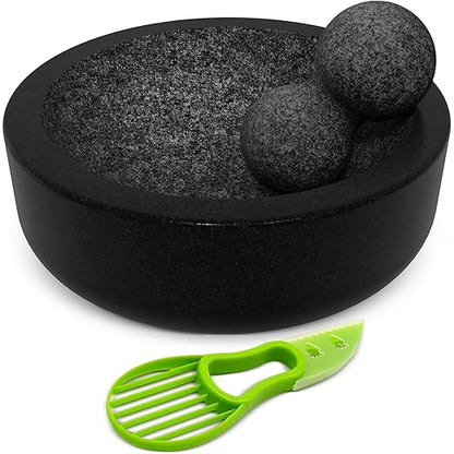 Umien™ Granite Mortar and Pestle Set - 100% Granite - 3.5-Cups - 8-Inch – Avocado Tool Included – Natural Stone Molcajete for Spices, Pestos, & Guacamole (Black) - Stone Grinder - Guacamole