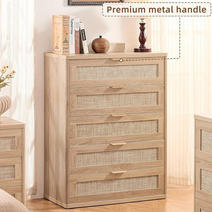 LEYAOYAO Rattan Dresser for Bedroom, 41" Tall Chest of Drawers, Modern 5 Drawers Boho Dressers with Storage, Light Oak Dresser Wooden Closet Organizer for Living Room, Hallway, Natural Wood